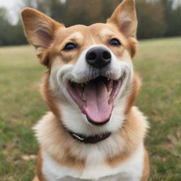 A happy dog with a wide, joyful, and endearing smile that exhibits the essence of canine bliss.