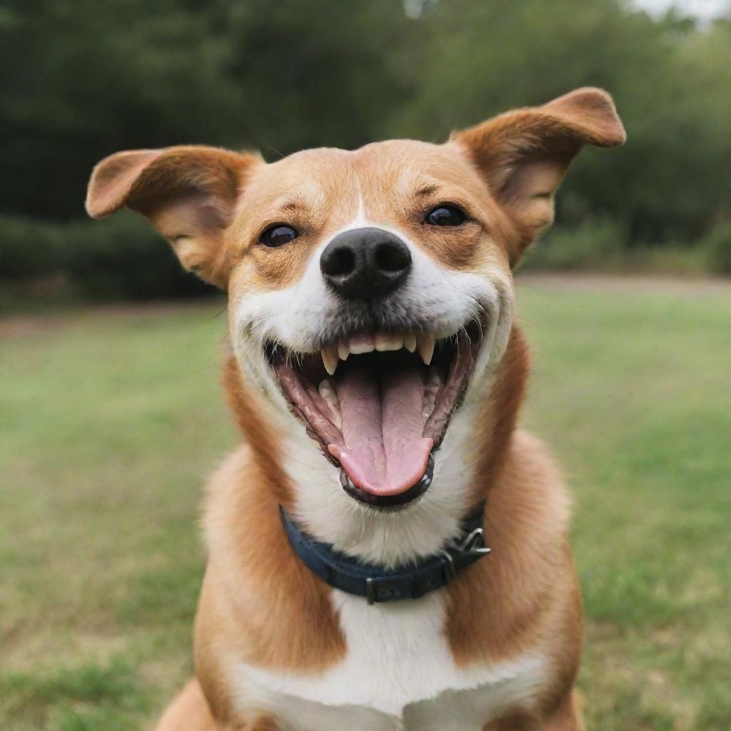 A joyful dog with a large, beaming smile on its face