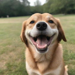 A joyful dog with a large, beaming smile on its face