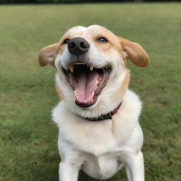 A joyful dog with a large, beaming smile on its face