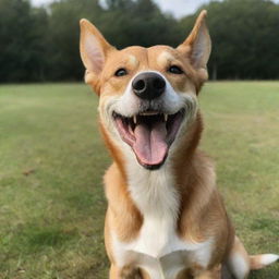 A joyful dog with a large, beaming smile on its face