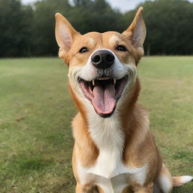 A joyful dog with a large, beaming smile on its face