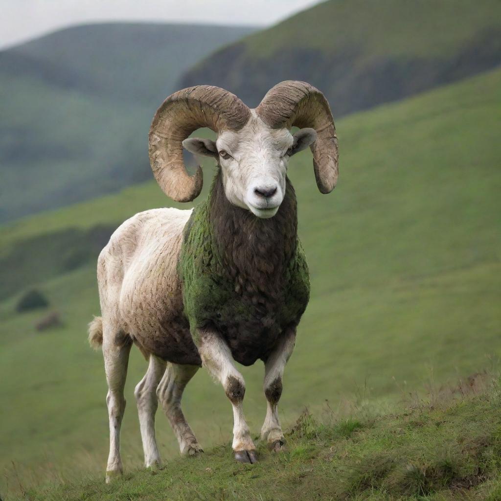 An imposing ram standing proudly on a green hill, with horns curled majestically