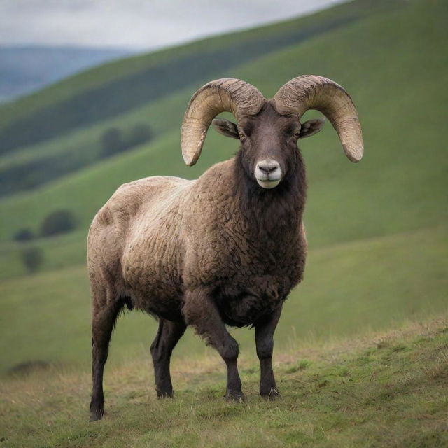 An imposing ram standing proudly on a green hill, with horns curled majestically