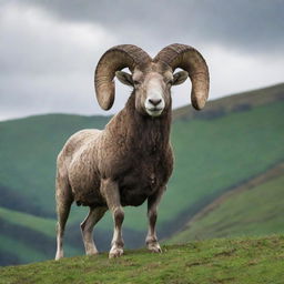 An imposing ram standing proudly on a green hill, with horns curled majestically