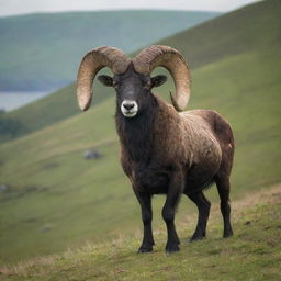 An imposing ram standing proudly on a green hill, with horns curled majestically