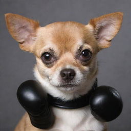 A Chipoo (Chihuahua-Poodle mix) sporting a pair boxing gloves and a determined expression.