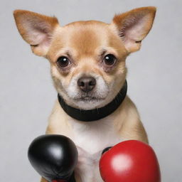 A Chipoo (Chihuahua-Poodle mix) sporting a pair boxing gloves and a determined expression.