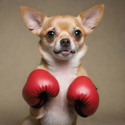 A Chipoo (Chihuahua-Poodle mix) sporting a pair boxing gloves and a determined expression.