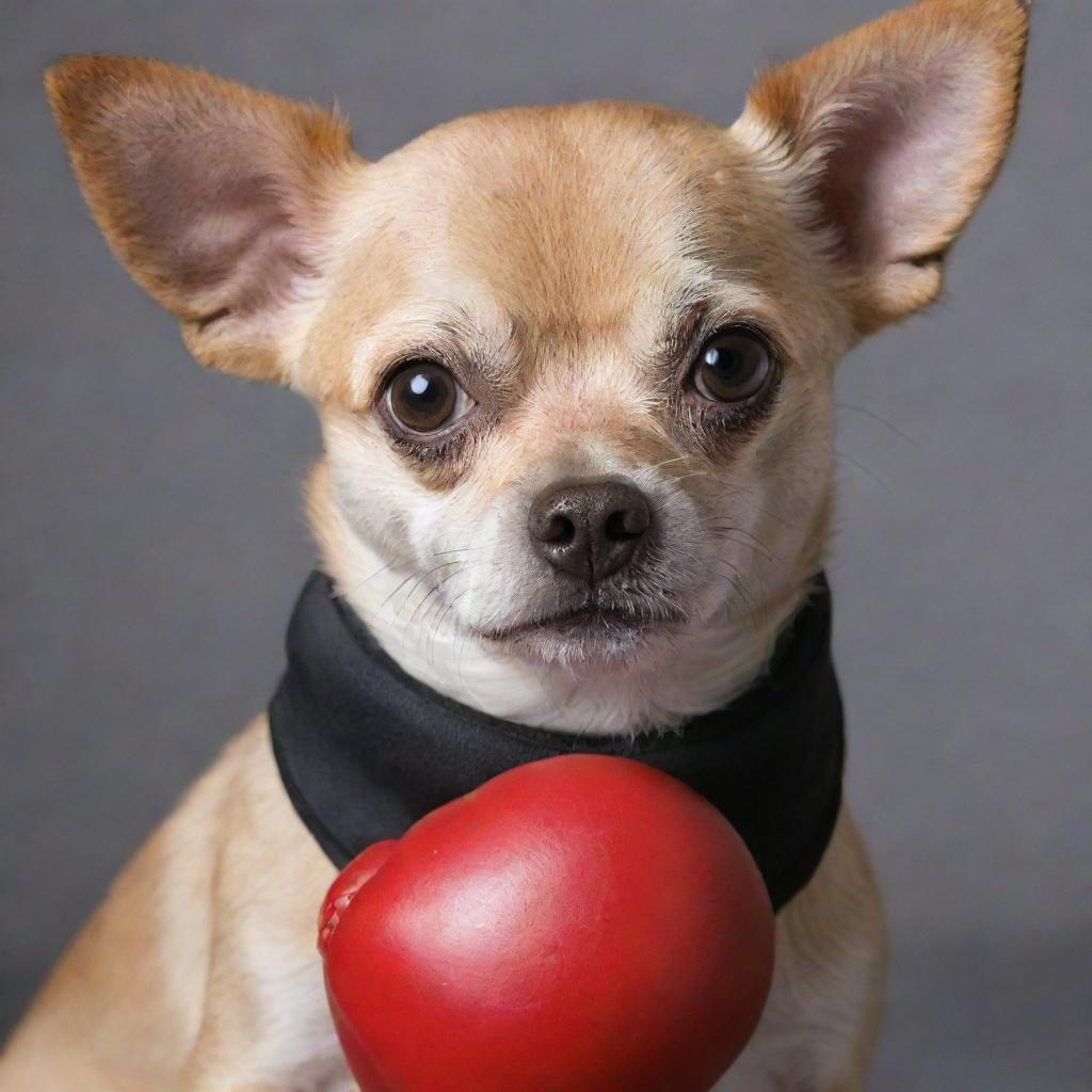 A Chipoo (Chihuahua-Poodle mix) sporting a pair boxing gloves and a determined expression.