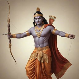 Artistic representation of Lord Ram, the seventh Avatar of Vishnu according to the Hindu mythology, depicted in traditional attire and holding a bow and arrow