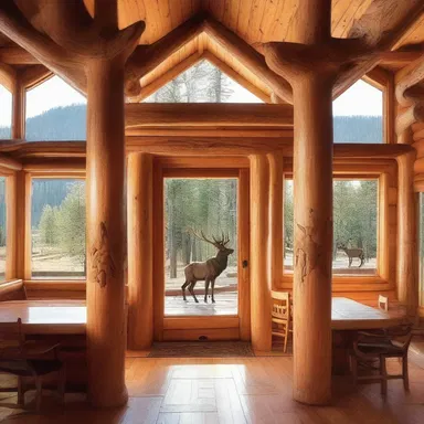 The majestic wapiti served as inspiration for the intricate carvings on the wooden columns of the rustic cabin.