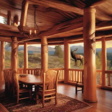 The majestic wapiti served as inspiration for the intricate carvings on the wooden columns of the rustic cabin.