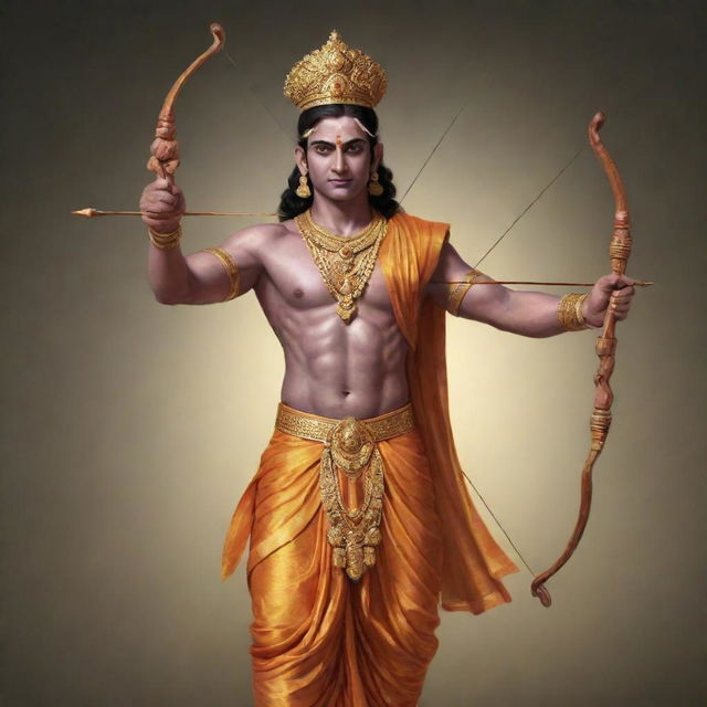 Artistic representation of Lord Ram, the seventh Avatar of Vishnu according to the Hindu mythology, depicted in traditional attire and holding a bow and arrow