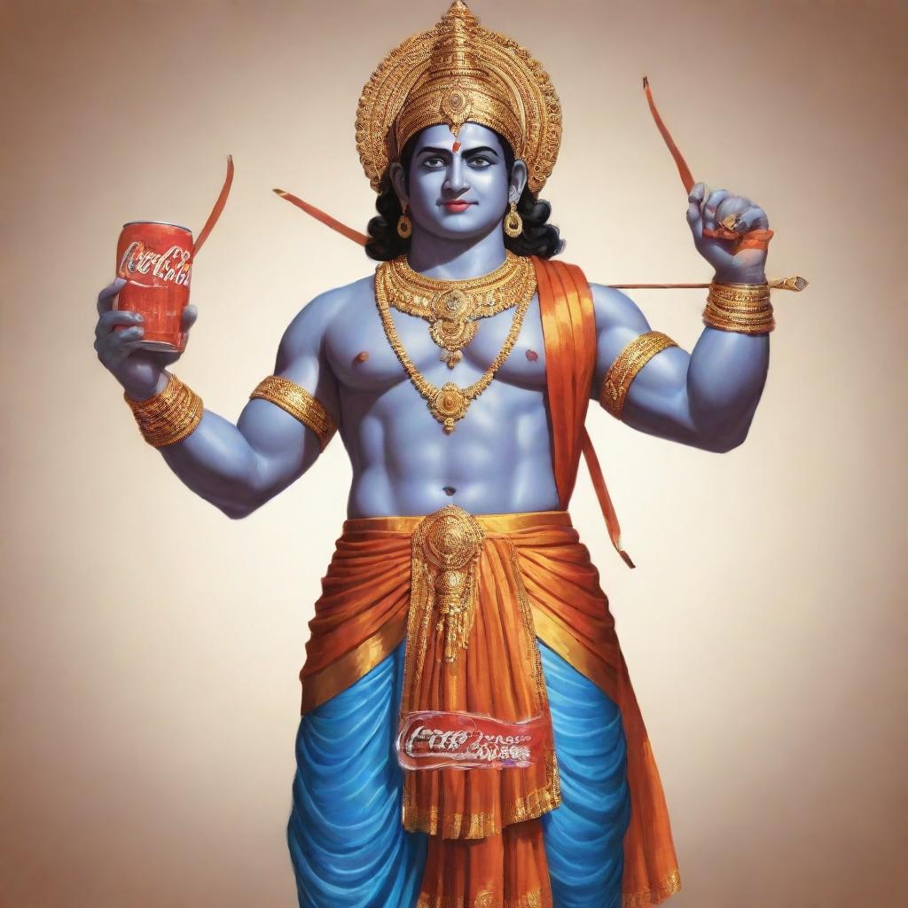 An artistic representation of Lord Ram, the seventh Avatar of Vishnu according to the Hindu mythology, holding a can of Coke in one hand and his traditional bow in the other