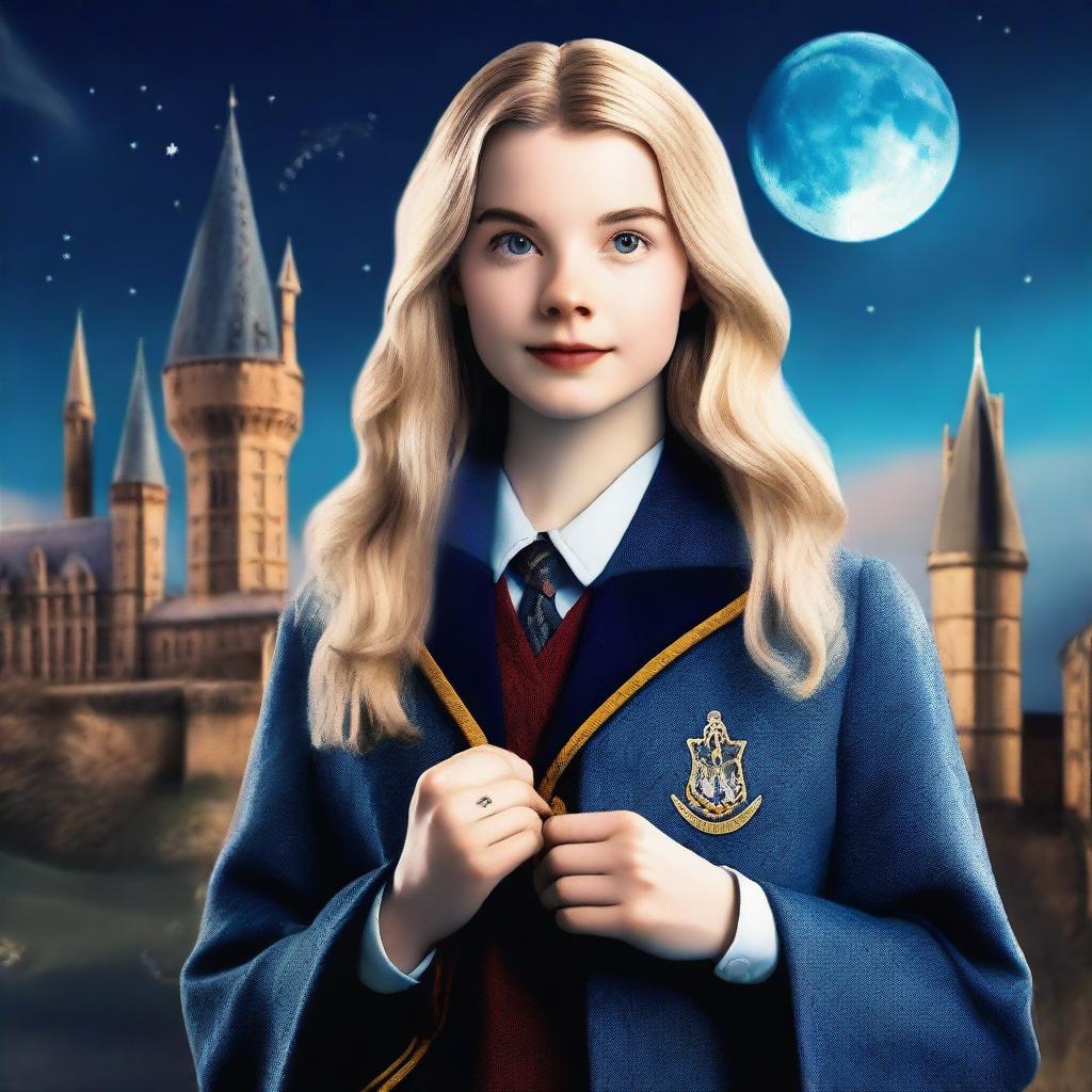 This is a top-quality digital art image of Anya Taylor-Joy dressed as a Hogwarts student