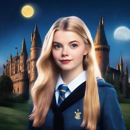 This is a top-quality digital art image of Anya Taylor-Joy dressed as a Hogwarts student