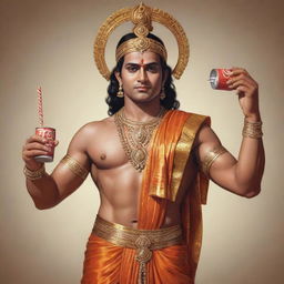 An artistic representation of Lord Ram, the seventh Avatar of Vishnu according to the Hindu mythology, holding a can of Coke in one hand and his traditional bow in the other