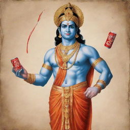 An artistic representation of Lord Ram, the seventh Avatar of Vishnu according to the Hindu mythology, holding a can of Coke in one hand and his traditional bow in the other