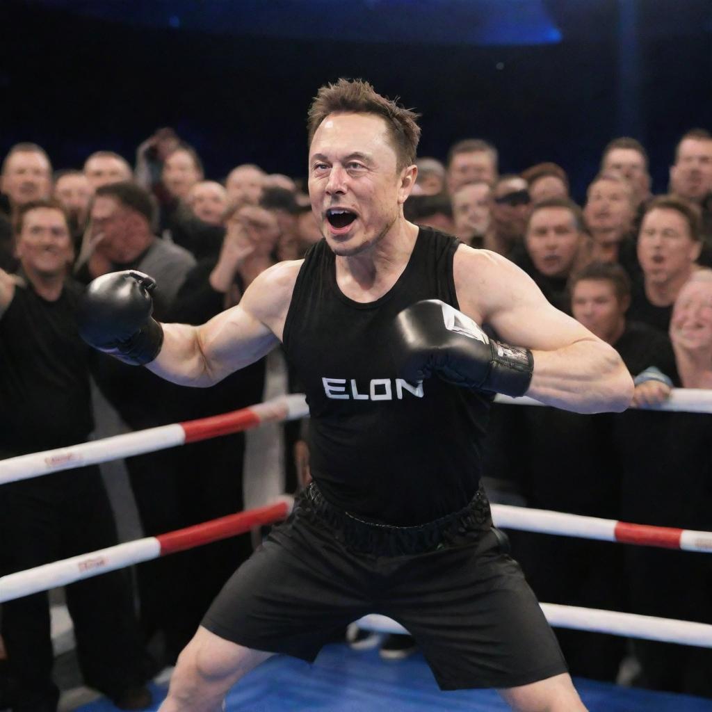 Elon Musk in boxing gear, in a dynamic pose in a glossy boxing ring, surrounded by a cheering crowd.