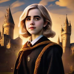 A high-resolution digital art image depicting Kiernan Shipka as a Hogwarts student