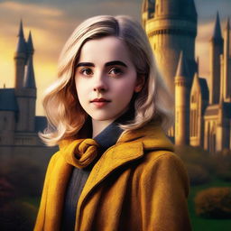 A high-resolution digital art image depicting Kiernan Shipka as a Hogwarts student