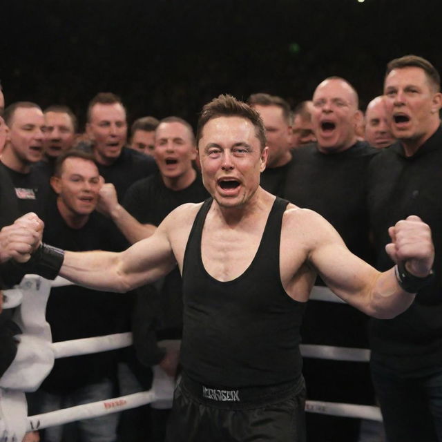 Elon Musk in boxing gear, in a dynamic pose in a glossy boxing ring, surrounded by a cheering crowd.