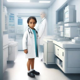 A high-quality digital art image depicts a child standing in a bustling hospital environment