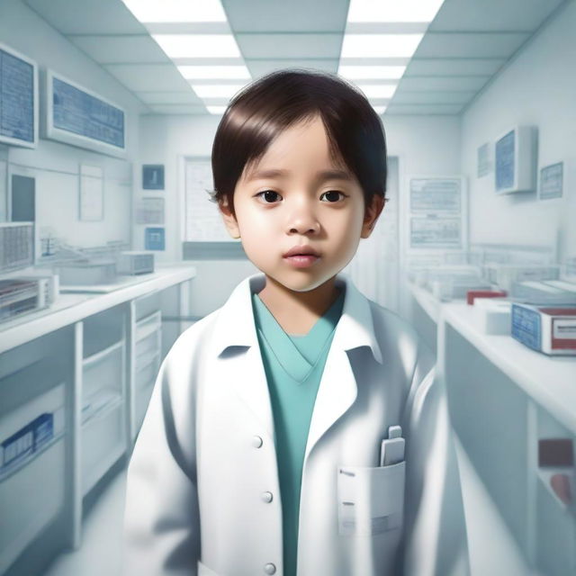 A high-quality digital art image depicts a child standing in a bustling hospital environment