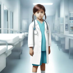 A high-quality digital art image depicts a child standing in a bustling hospital environment