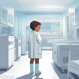 A high-quality digital art image depicts a child standing in a bustling hospital environment