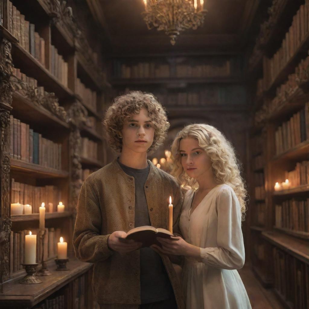 A boy with curly hair and a beautiful blonde girl inside a richly detailed, real-world surreal fantasy library with towering bookcases, floating candles, and mystical artifacts.