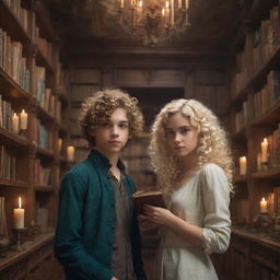 A boy with curly hair and a beautiful blonde girl inside a richly detailed, real-world surreal fantasy library with towering bookcases, floating candles, and mystical artifacts.