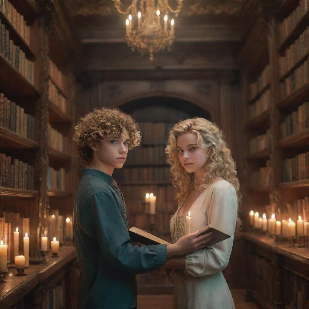 A boy with curly hair and a beautiful blonde girl inside a richly detailed, real-world surreal fantasy library with towering bookcases, floating candles, and mystical artifacts.