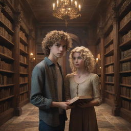 A boy with curly hair and a beautiful blonde girl inside a richly detailed, real-world surreal fantasy library with towering bookcases, floating candles, and mystical artifacts.