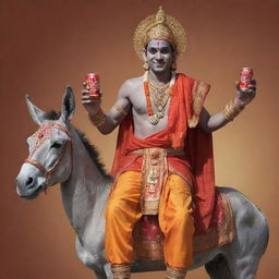 An imaginative interpretation of Lord Ram, the Hindu deity, sitting on a donkey and sipping from a can of coke, bow slung across his shoulder