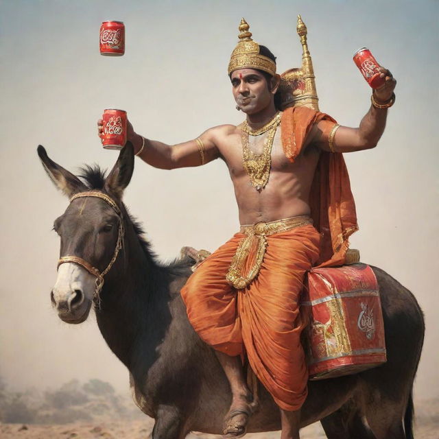 An imaginative interpretation of Lord Ram, the Hindu deity, sitting on a donkey and sipping from a can of coke, bow slung across his shoulder