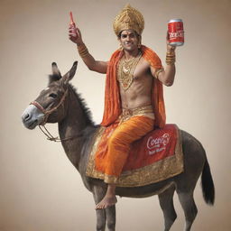 An imaginative interpretation of Lord Ram, the Hindu deity, sitting on a donkey and sipping from a can of coke, bow slung across his shoulder