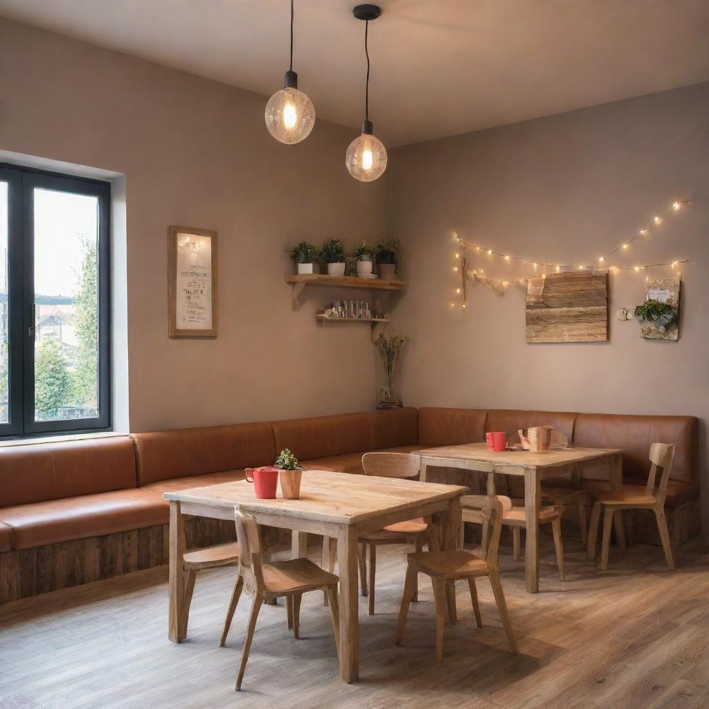 A comfortable and inviting family corner in a restaurant, equipped with a rustic wooden table, warm-toned chairs, soft lighting, a play area for kids and cozy accessories that form a stylish, welcoming atmosphere.