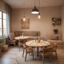 A comfortable and inviting family corner in a restaurant, equipped with a rustic wooden table, warm-toned chairs, soft lighting, a play area for kids and cozy accessories that form a stylish, welcoming atmosphere.