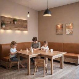 A comfortable and inviting family corner in a restaurant, equipped with a rustic wooden table, warm-toned chairs, soft lighting, a play area for kids and cozy accessories that form a stylish, welcoming atmosphere.