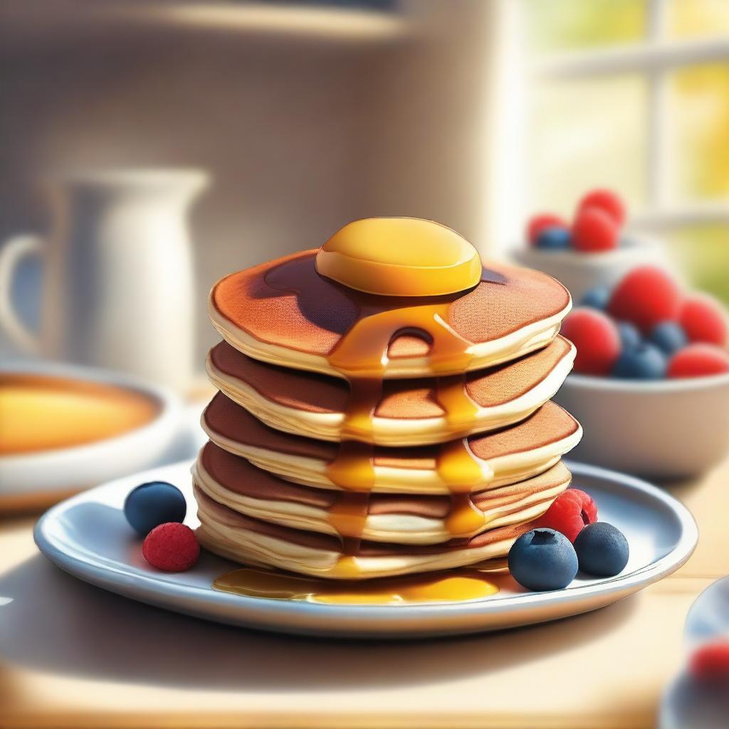 A digital art image showcasing a delightful pancake breakfast setting