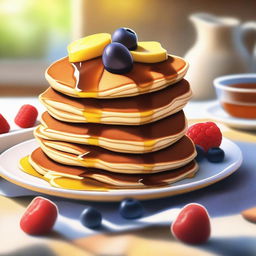 A digital art image showcasing a delightful pancake breakfast setting