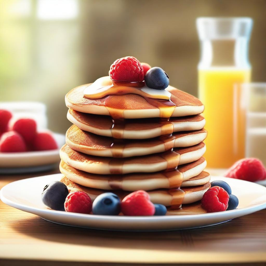 A digital art image showcasing a delightful pancake breakfast setting