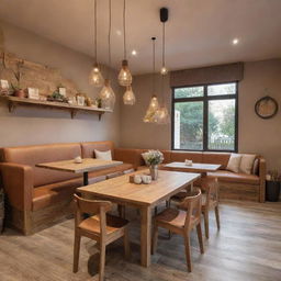 A comfortable and inviting family corner in a restaurant, equipped with a rustic wooden table, warm-toned chairs, soft lighting, a play area for kids and cozy accessories that form a stylish, welcoming atmosphere.