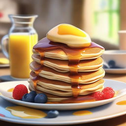 A digital art image showcasing a delightful pancake breakfast setting