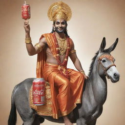 An imaginative interpretation of Lord Ram, the Hindu deity, sitting on a donkey and sipping from a can of coke, bow slung across his shoulder