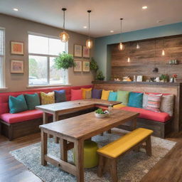 A cozy and delightful family corner in a restaurant featuring a large, wooden communal table, plush seating, an array of colorful, kid-friendly decors, a small play area, and perfectly lit surroundings evoking a warm and welcoming atmosphere.