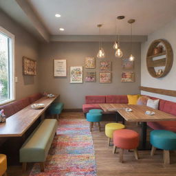 A cozy and delightful family corner in a restaurant featuring a large, wooden communal table, plush seating, an array of colorful, kid-friendly decors, a small play area, and perfectly lit surroundings evoking a warm and welcoming atmosphere.