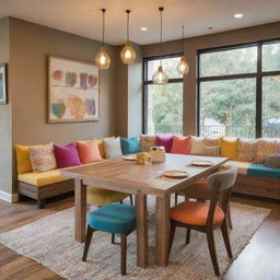 A cozy and delightful family corner in a restaurant featuring a large, wooden communal table, plush seating, an array of colorful, kid-friendly decors, a small play area, and perfectly lit surroundings evoking a warm and welcoming atmosphere.